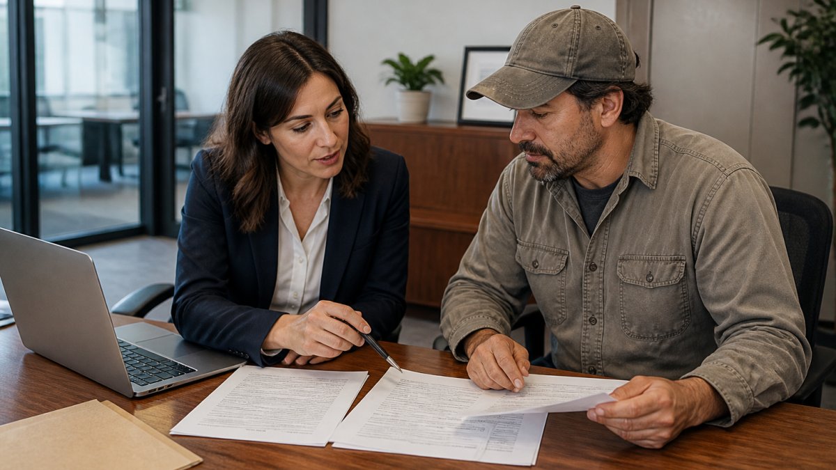 Insurance agent and contractor reviewing commercial liability policy documents at a desk