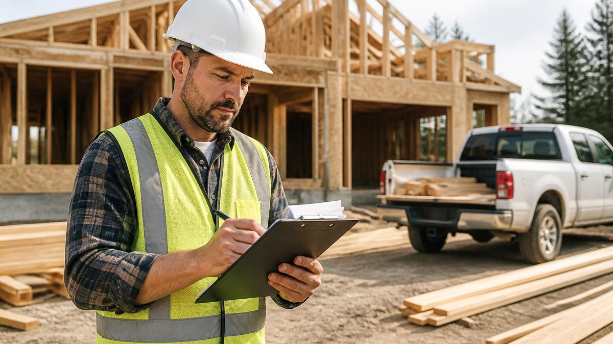 General contractor reviewing documents at a job site requiring contractor insurance