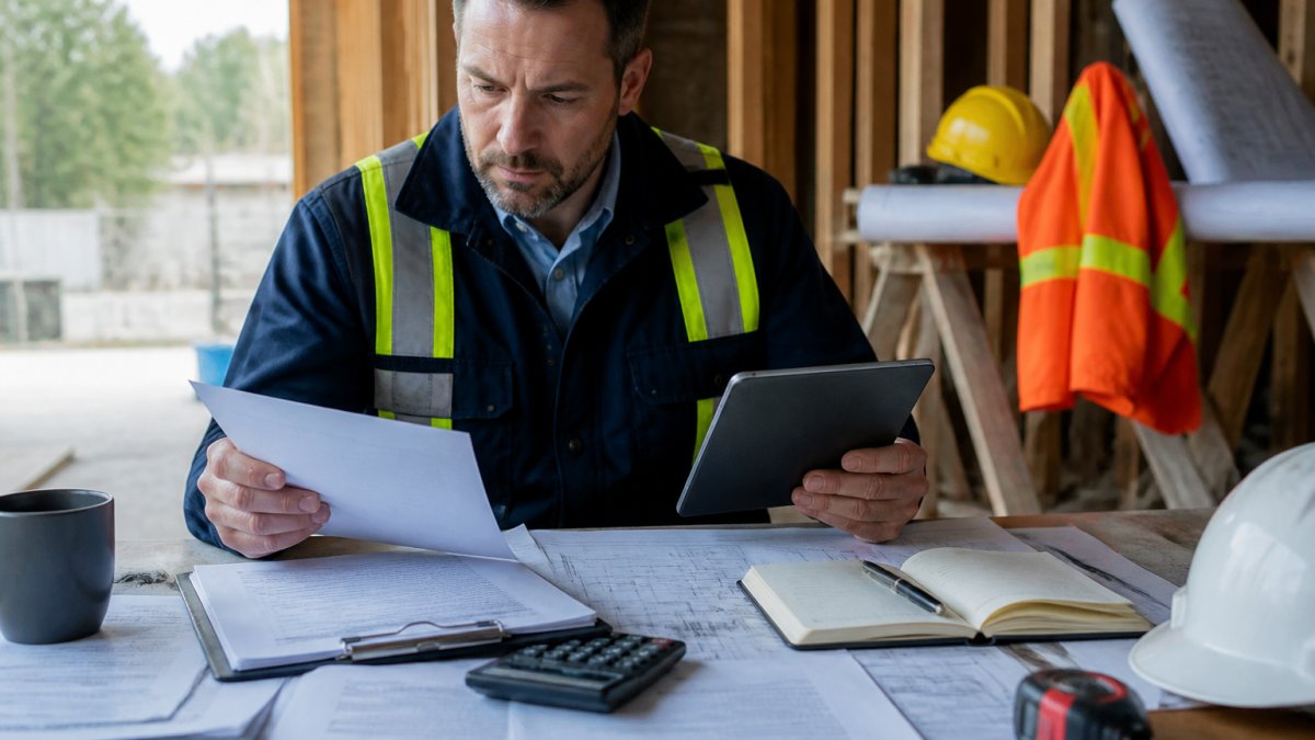 Contractor reviewing insurance documents and tablet at job site with blueprints and safety equipment visible in background
