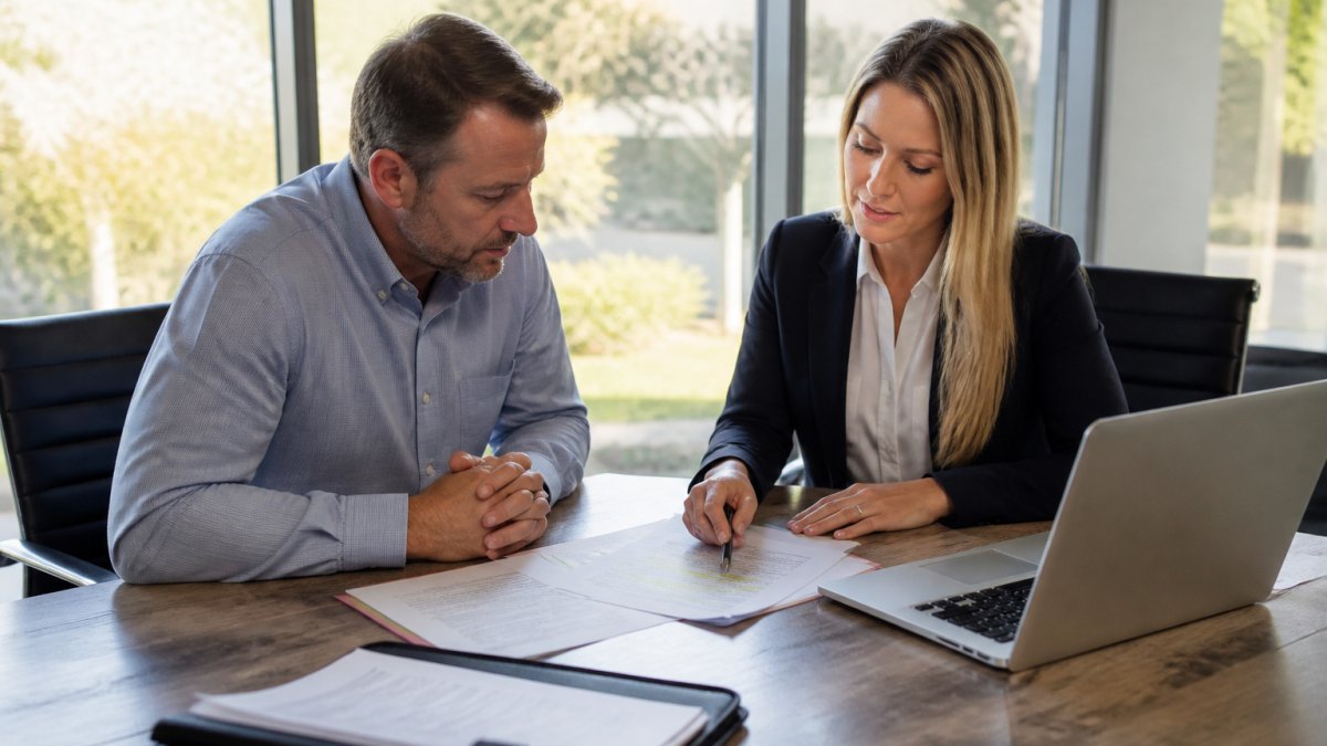 A business owner and an insurance agent sitting at a desk reviewing policy documents together, with a laptop and highlighted paperwork between them in a bright office