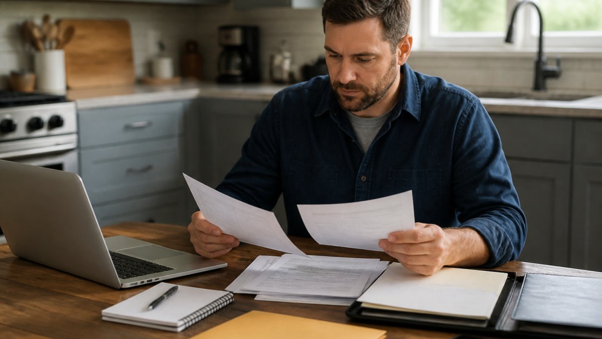 A contractor in work clothes sitting at a kitchen table with a laptop, paperwork, and a notebook, reviewing documents before calling an insurance agent