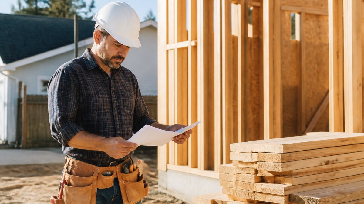 Contractor reviewing paperwork on a residential framing site needing insurance for independent construction contractors