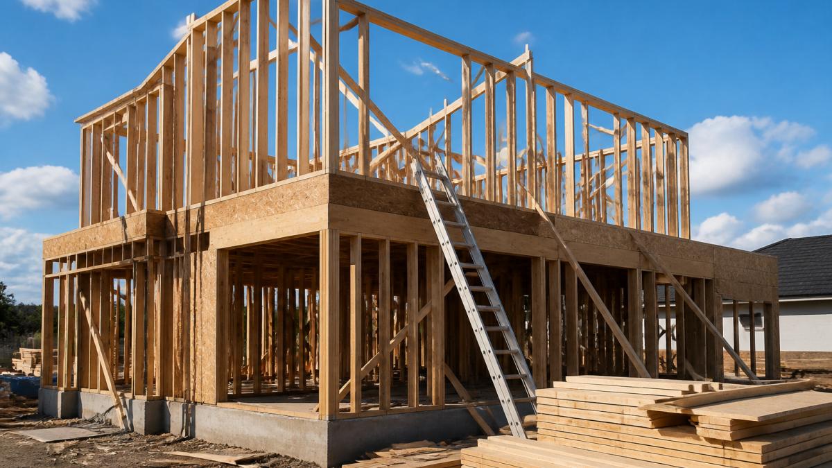 Residential home under construction with exposed wooden framing and lumber, requiring builders risk insurance protection.