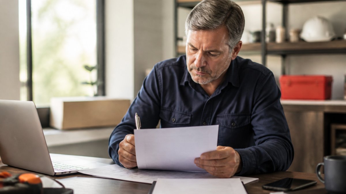 A small business owner sitting at a desk with a laptop and paperwork, reviewing a workers compensation claim form with a pen in hand, bright office setting with natural light
